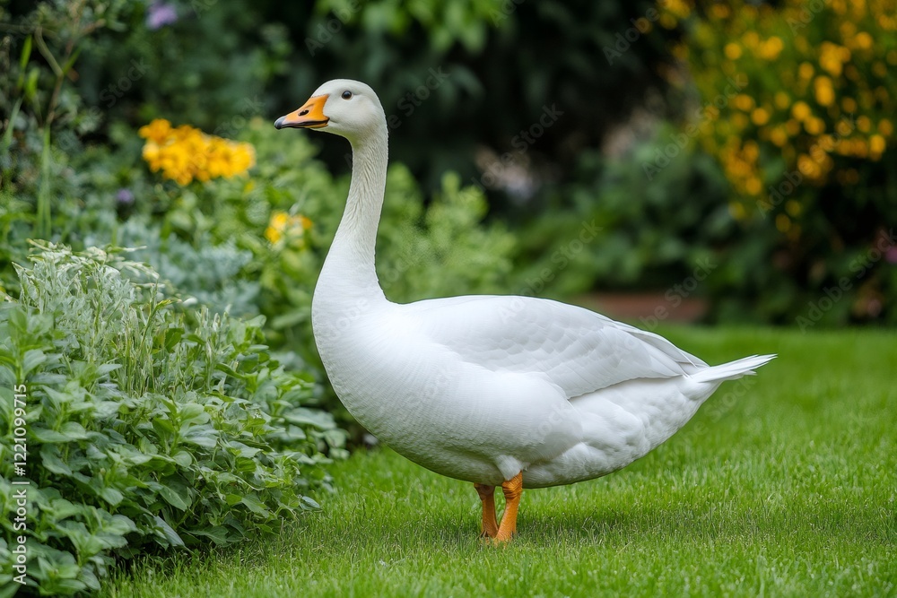 White goose standing on green grass in a garden White goose standing on green grass in a garden