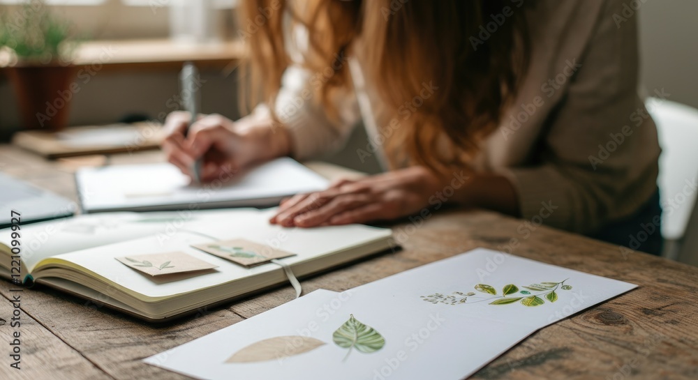 Woman sketching and journaling nature-inspired drawings at rustic table Woman sketching and journaling nature-inspired drawings at rustic table