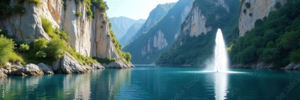 Gentle ripples disturb the calm surface of a gorged lake with white limestone cliffs rising above, genteel, ripples, fountain Gentle ripples disturb the calm surface of a gorged lake with white limestone cliffs rising above, genteel, ripples, fountain