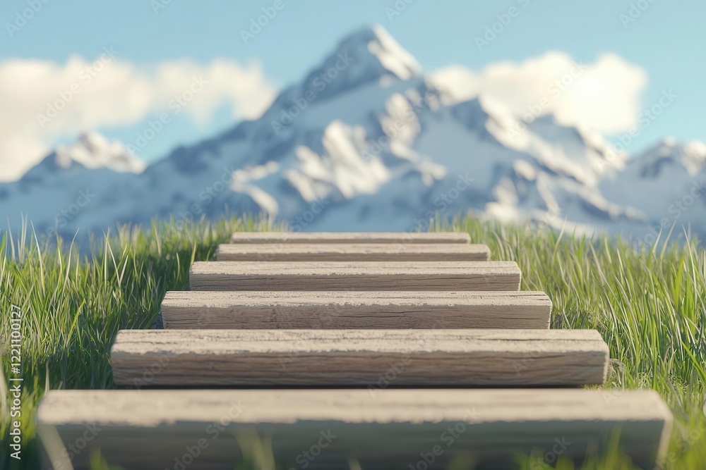 Obraz premium Wooden steps leading to a mountain of business success, nature-inspired setting, 3D illustration,