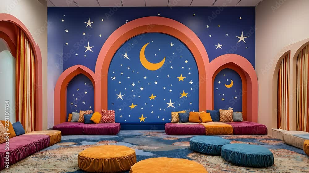 children's storytelling studio with colorful rugs, plush seating, and a vibrant backdrop featuring stars and crescent moons
