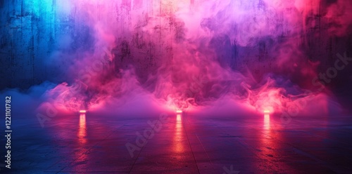 A dark, moody scene with a concrete wall illuminated by vibrant pink and blue lights. Smoke rises from the floor, creating a dramatic and atmospheric effect.