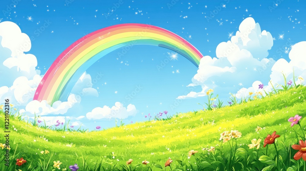 Rainbow Arcing Over a Lush Green Meadow Landscape Rainbow Arcing Over a Lush Green Meadow Landscape