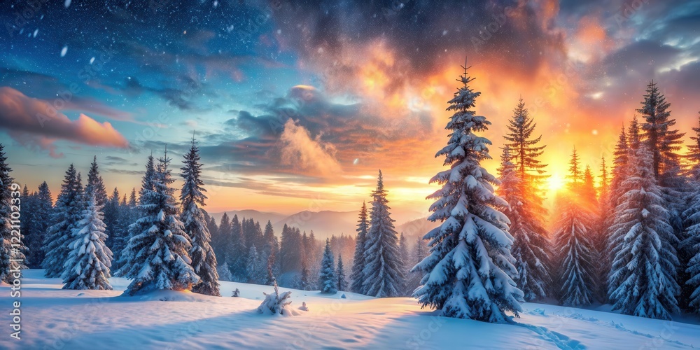 Fototapeta premium A Winter Wonderland Illuminated by a Majestic Sunset, Snow-Covered Trees Standing Tall Against a Dramatic Sky