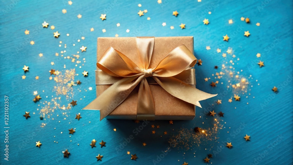 A single gift box with a golden ribbon tied into a bow sits on a blue surface surrounded by glittering gold stars. A single gift box with a golden ribbon tied into a bow sits on a blue surface surrounded by glittering gold stars.