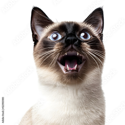 Siamese Cat Meowing with Surprised Expression on Plain White Background photo