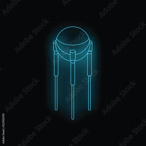 Blue neon icon of a sputnik satellite is glowing on a dark background