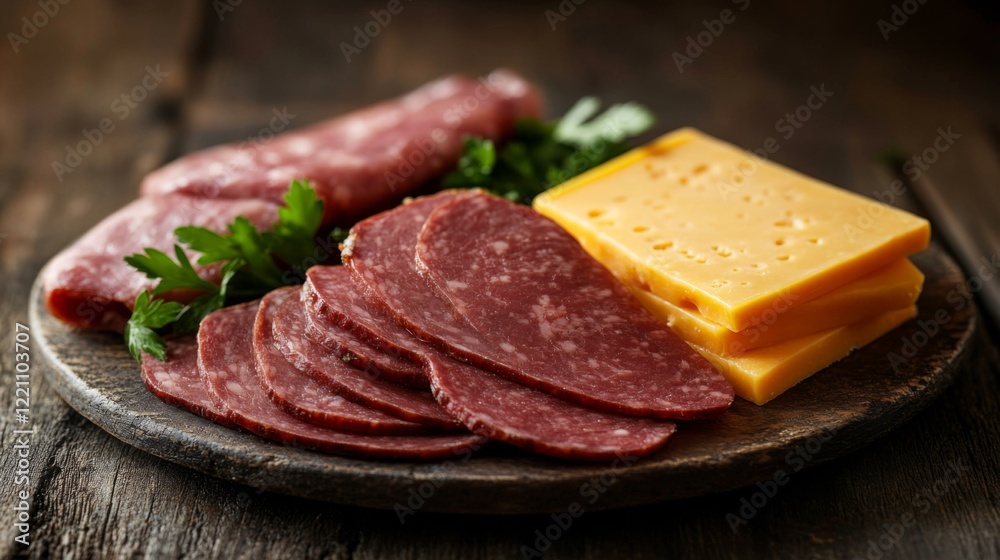 Sliced Sausage and Cheese on Wooden Board - A Gourmet Food Display Sliced Sausage and Cheese on Wooden Board - A Gourmet Food Display