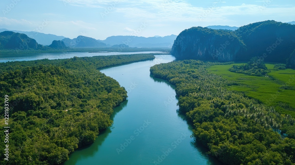 Obraz premium Stunning aerial view of Phang Nga Bay crystal-clear ocean and towering limestone mountains an adventure awaits in Thailand natural paradise!