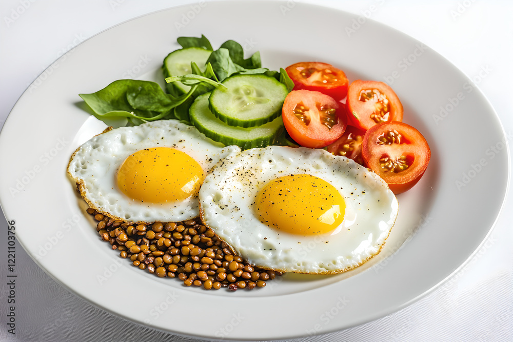 Fried egg with lentils, beans and vegetables on breakfast. Yolk and protein food. Egg on white plate with greens, tomato and cucumber for hearty breakfast Fried egg with lentils, beans and vegetables on breakfast. Yolk and protein food. Egg on white plate with greens, tomato and cucumber for hearty breakfast