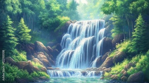 Serene Waterfall Cascading Through Lush Green Forest