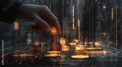 Digital Real Estate Investment: A Hand Places a House Icon on a Stack of Coins, Representing Growth and Financial Success in the Virtual World. photo