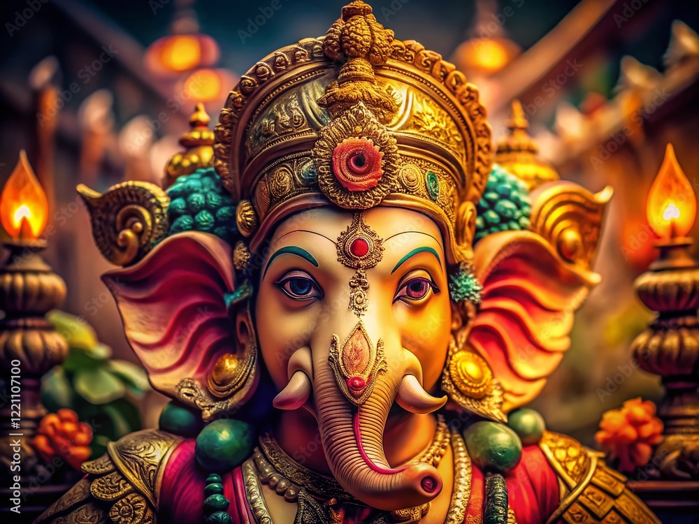 Obraz premium Vintage Ganesha Portrait: Selective Focus, Copy Space, Hindu Deity
