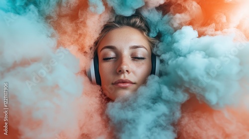 A woman experiences bliss through music while surrounded by colorful smoke clouds, visually representing the blend of emotions and creative beauty in sound.