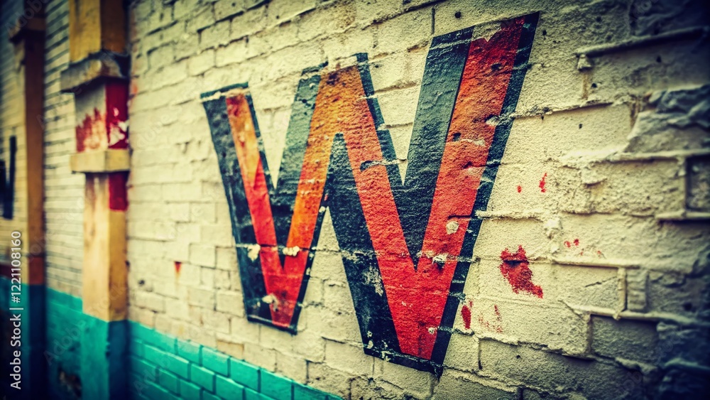 Fototapeta premium Vintage Graffiti Art: Thin Black W Letter Spray Paint on White Wall