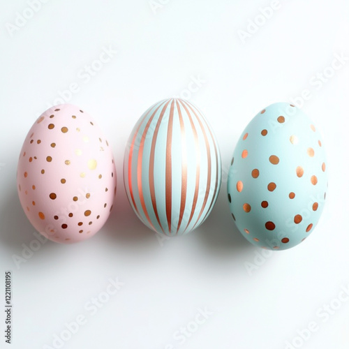 Minimalist Pastel Easter Eggs with Gold Accents on White Background with Copy Space photo