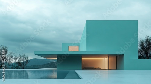 Modern teal house, infinity pool, mountain view, evening twilight photo