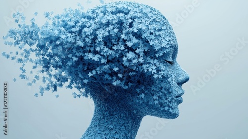 Surreal head of puzzle pieces forming abstract human profile in blue