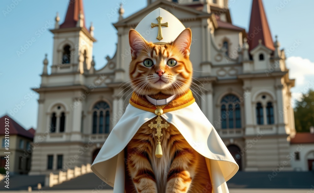Fototapeta premium A regal cat dressed as a pope, complete with a white papal hat, cape, and a cross necklace, sitting on a sunny day.