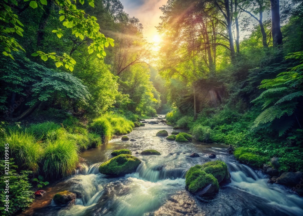 Obraz premium Vintage High Angle View of Serene Stream Flowing Through Lush Green Plants