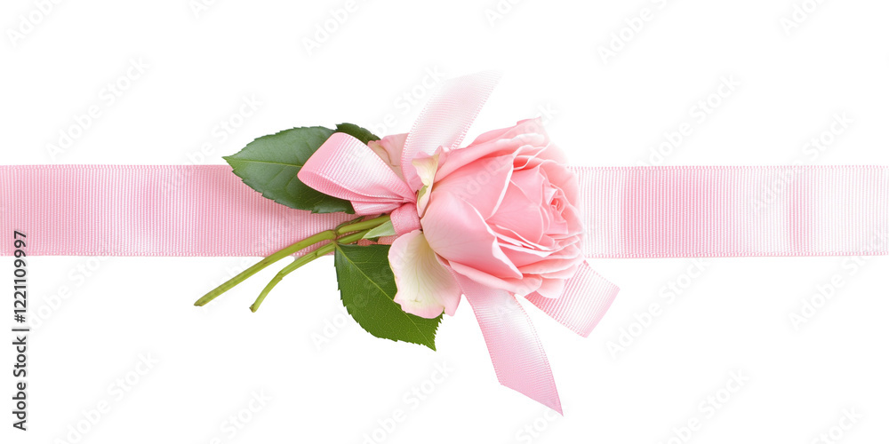 Fototapeta premium rose and bow with horizontal ribbon isolated on white. Valentine's Day decoration