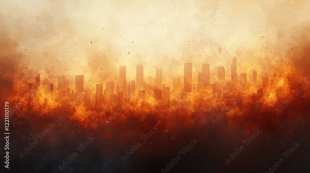 Fototapeta premium Apocalyptic cityscape engulfed in fiery inferno under a smoky sky