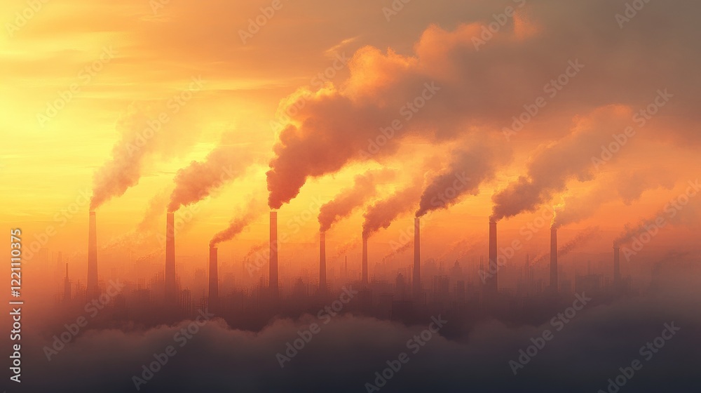 Obraz premium Industrial pollution emissions at sunset: environmental impact in urban areas