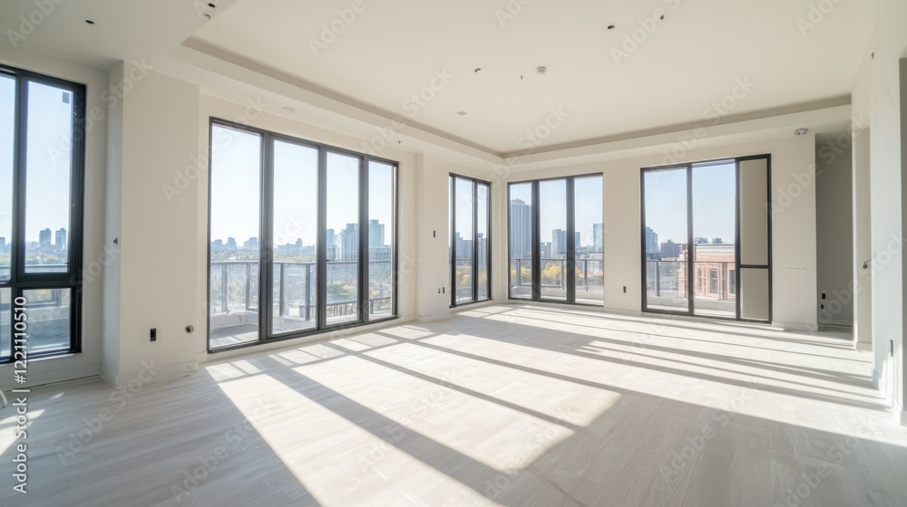 Fototapeta premium A completely bare apartment room with large windows and ample natural light.