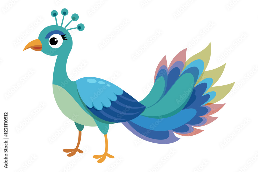 Obraz premium Beautiful Watercolor Vector of a Cartoon Peacock – Isolated, Colorful and Elegant Bird Illustration on White Background for Art, Design, Prints, and Digital Projects