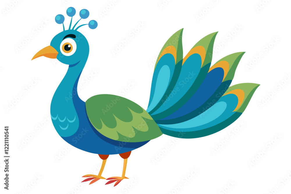 Obraz premium Beautiful Watercolor Vector of a Cartoon Peacock – Isolated, Colorful and Elegant Bird Illustration on White Background for Art, Design, Prints, and Digital Projects
