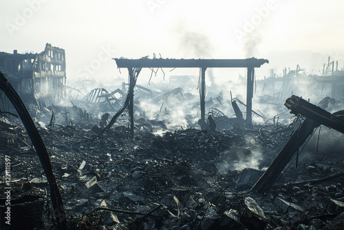 Desolate urban landscape in ruins with twisted metal and smoke, evoking a haunting aftermath of destruction photo