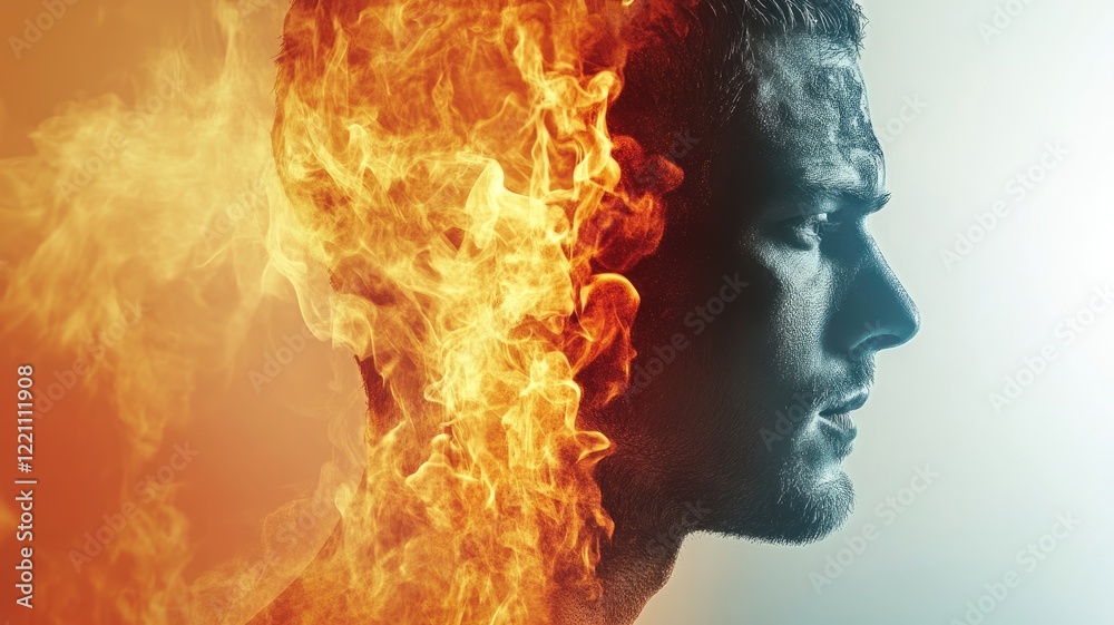 Conceptual image of man with fire and ice sides Conceptual image of man with fire and ice sides