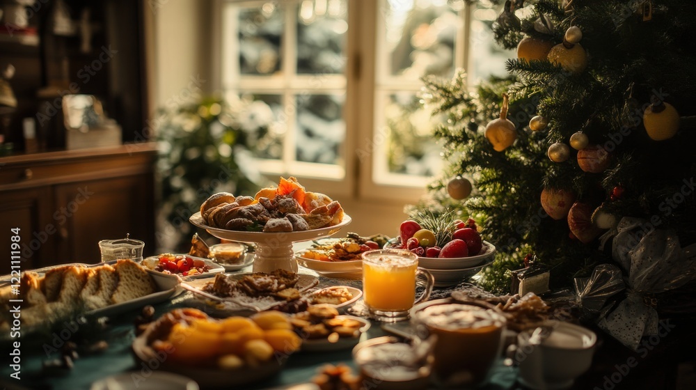 Fototapeta premium Festive Christmas Morning Breakfast Table Setting With Treats