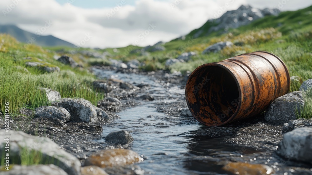 Fototapeta premium Rusty Barrel Lies in Mountain Stream Bed