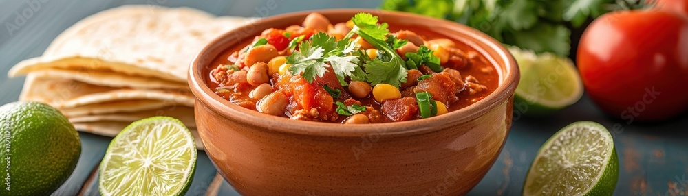 A vibrant bowl of chili garnished with herbs, surrounded by lime slices and tortillas, showcasing a colorful and appetizing dish. A vibrant bowl of chili garnished with herbs, surrounded by lime slices and tortillas, showcasing a colorful and appetizing dish.