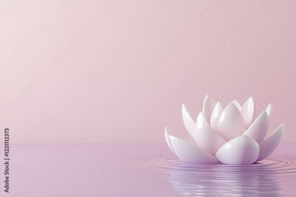Fototapeta premium A glowing lotus flower softly radiates shades of pink and lavender as it floats on smooth, gentle ripples of water, surrounded by a calming pastel gradient