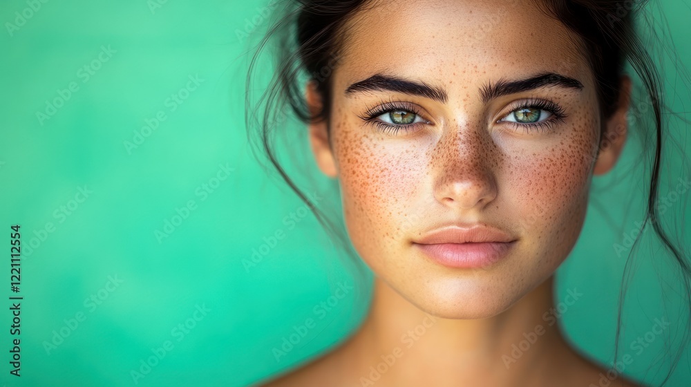 Freckled Woman Portrait Against Teal Background Freckled Woman Portrait Against Teal Background
