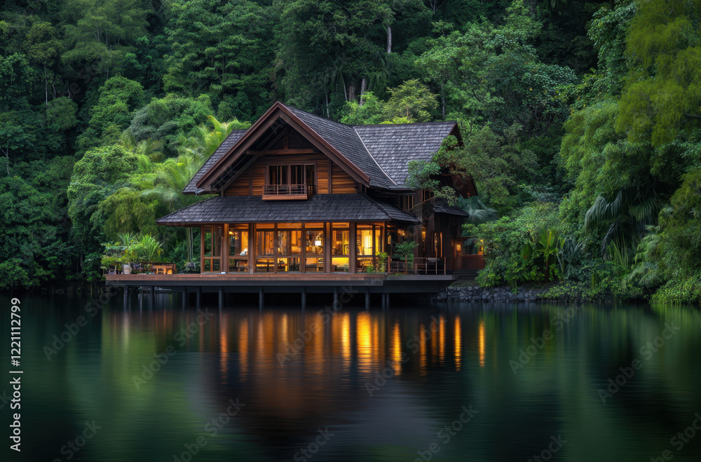 Stunning wooden house on the water surrounded by lush greenery in a serene natural setting during twilight hours Stunning wooden house on the water surrounded by lush greenery in a serene natural setting during twilight hours