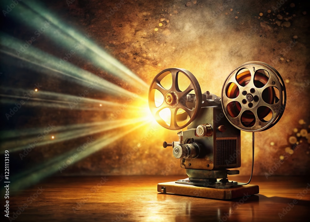Obraz premium Vintage Movie Projector Beam in Dimly Lit Room - Cinematic Atmosphere Stock Photo