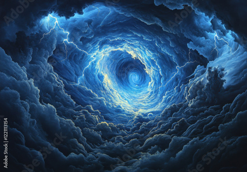 Swirling storm of blue lightning among dark clouds captures the intense power of nature in a dramatic sky