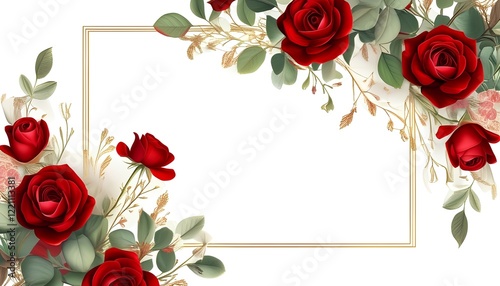 Fototapeta Naklejka Na Ścianę i Meble -  Elegant floral border red roses gold geometric frame eucalyptus leaves romantic composition white background, anniversary, elegance, glitter, horizontal, invitation, liquid, panoramic, poster, romance