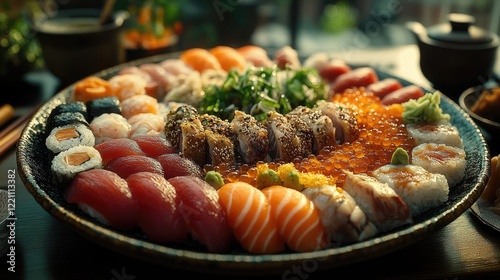 A close-up image of a beautifully arranged sushi platter featuring several pieces of nigiri sushi.