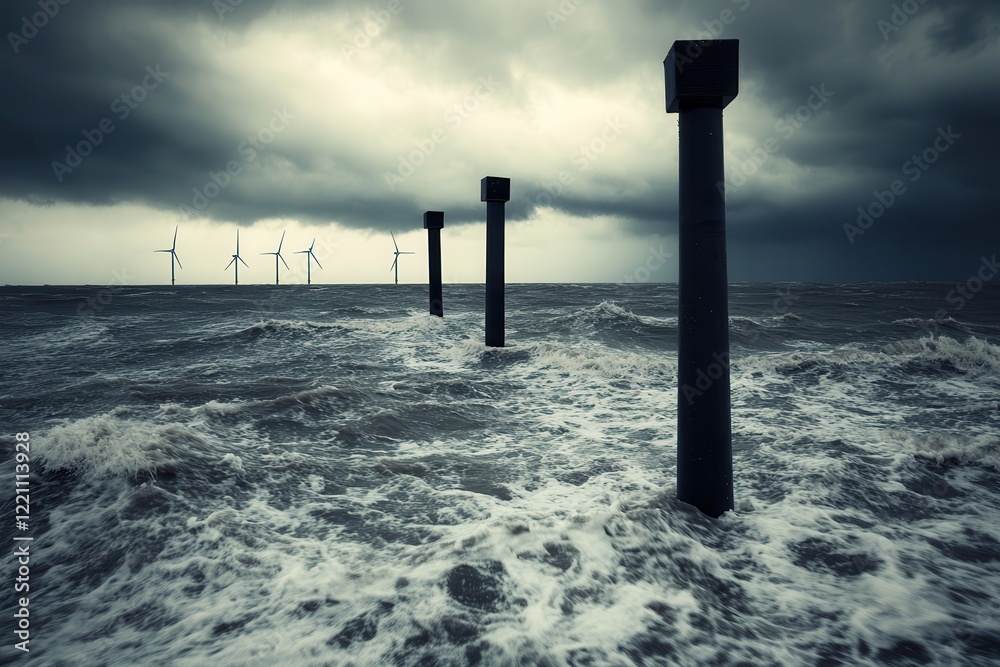 The impact of climate change on weather and sea levels. Stormy sea with wind turbine structures in the background. The impact of climate change on weather and sea levels. Stormy sea with wind turbine structures in the background.