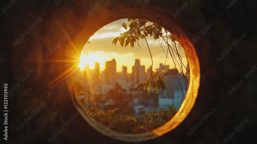 Fototapeta premium Keyhole view of sunlit cityscape.