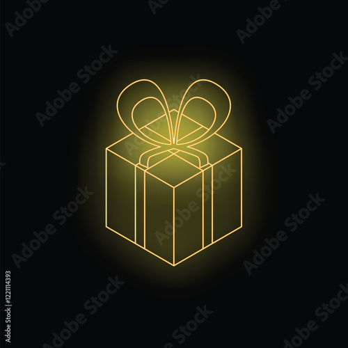 Neon yellow gift box with a bow glowing on a black background