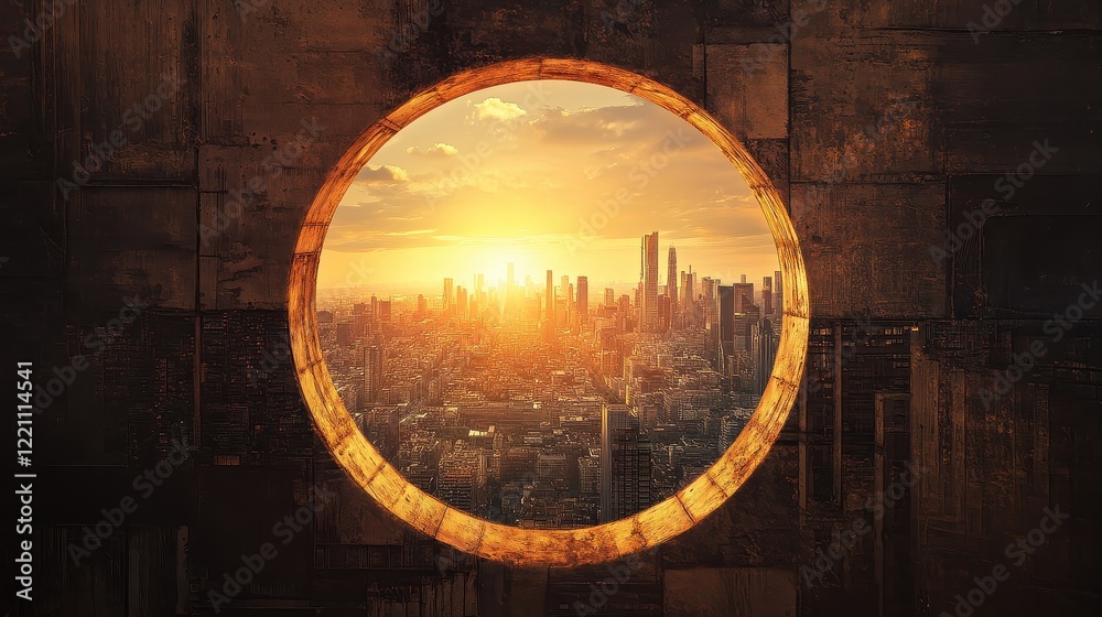 Fototapeta premium Keyhole view of sunlit cityscape.