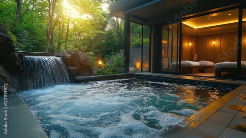 A serene, traditional Japanese onsen (hot spring) at night, photo