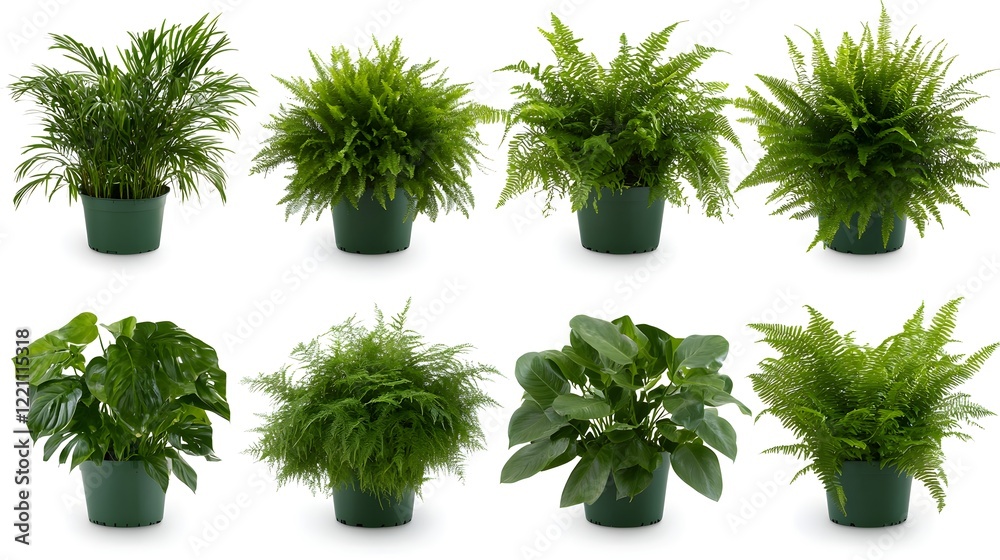 Obraz premium A collection of vibrant tropical potted plants and lush green leaves on a white background, perfect for botanical designs, interior decor concepts, or nature-inspired creative projects.