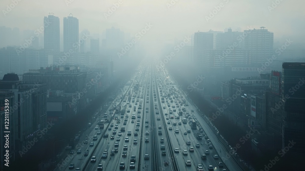 Obraz premium Massive highway system under a dense pollution layer, traffic contributing to smog, [urban congestion], [air pollution impact].