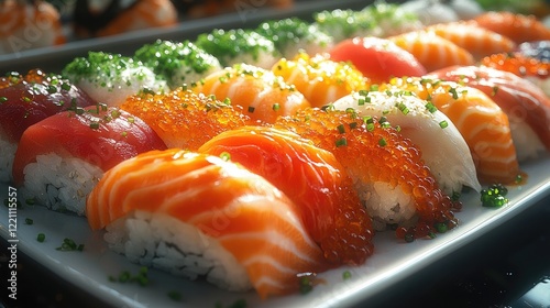 A close-up image of a beautifully arranged sushi platter featuring several pieces of nigiri sushi.